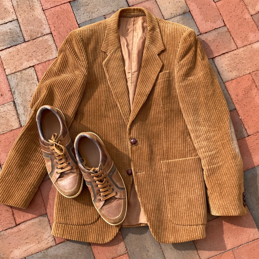 Vintage Caramel Brown Corduroy Blazer Chams Unisex Professor Autumn - Picture 7 of 13